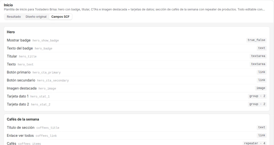 Campos de Secure Custom Fields de una portada, agrupados por secciones en el editor de WordPress