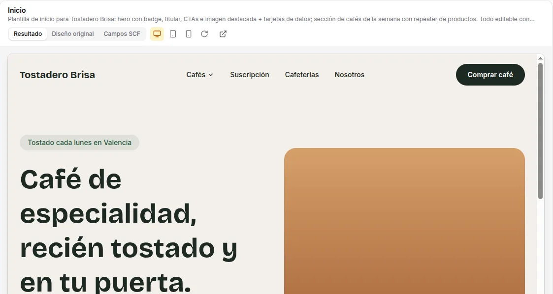 Vista previa de una plantilla de WordPress generada desde un diseño en el Studio de Design2Press